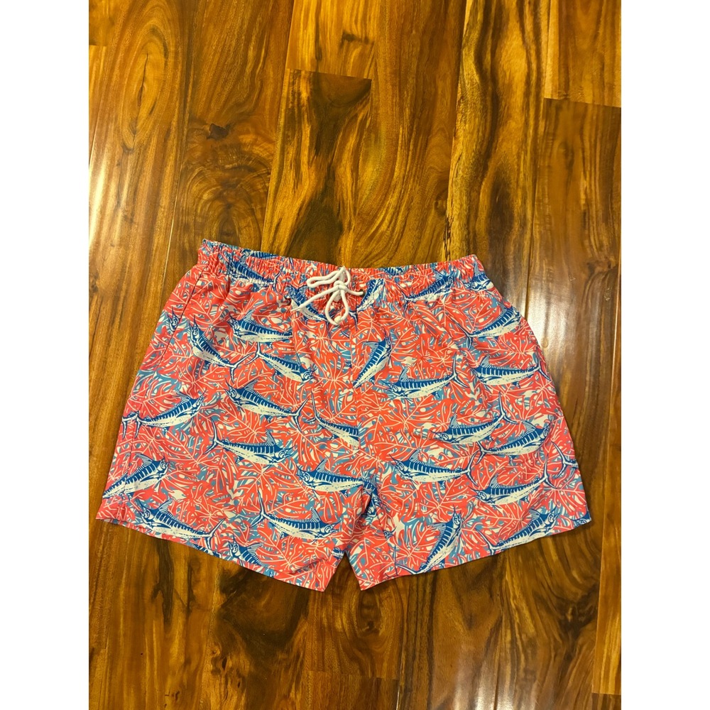 Mens Tropical Marlin Print Swim Trunks Coral Blue Palm Leaf Board Shorts Large